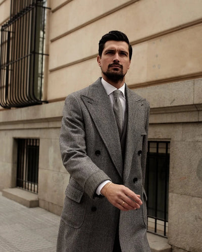 Chevron Fabric Winter Long OverCoat Lapel Double Breasted Winter Lapel Houndstooth Business Formal Men‘s Coat Blazer Customized