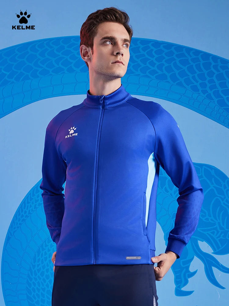 Kelme Men's Football Training Jacket Outdoor Windproof Stand Collar Knitted Jacket Running Sports Training Jacket