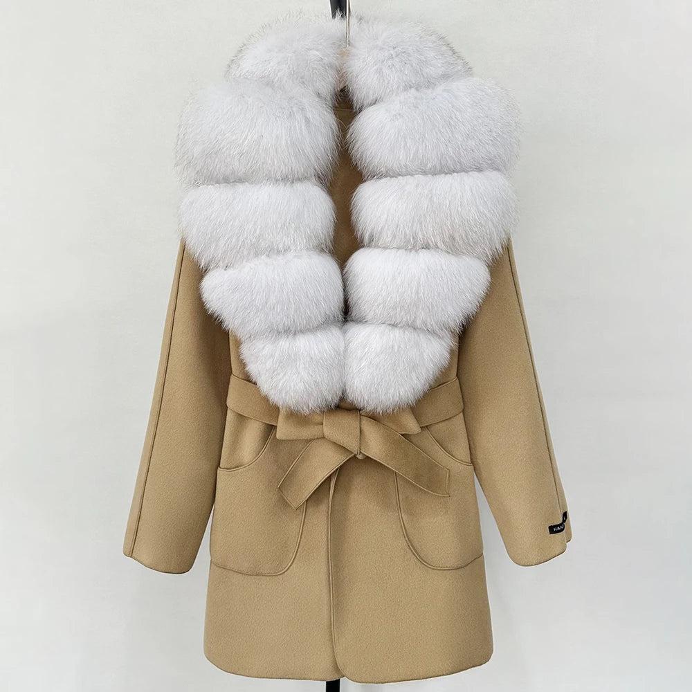 Wool Blend Jacket Autumn Women Winter Fashion Real Fox Fur Collar European Fahsion Woolen Coat Natural Fur Collar Coat Female