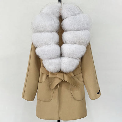 Wool Blend Jacket Autumn Women Winter Fashion Real Fox Fur Collar European Fahsion Woolen Coat Natural Fur Collar Coat Female