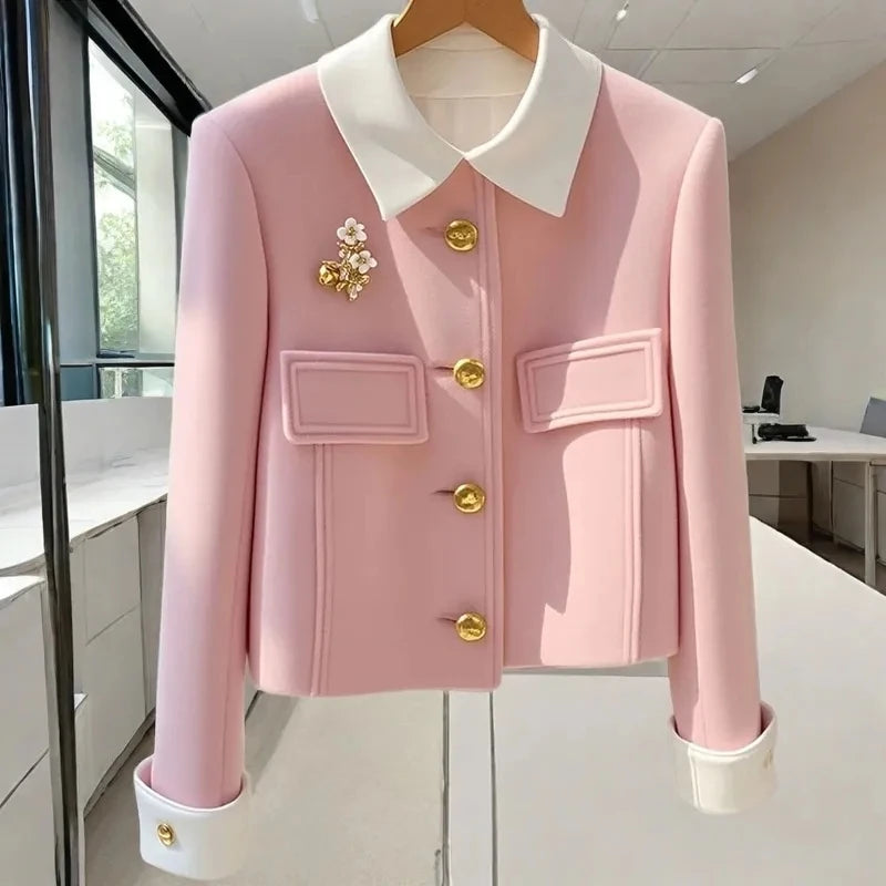 New Autumn And Winter 2025 Pink Padded Single-Breasted Women's Woolen Coat Unique Korean Version Temperament Ladies Jacket