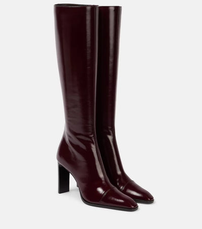 Women's Leather Pointed Toe Knee - High Boots With Block Heel Elegant Trendy Footwear For Party Office And Daily Wear