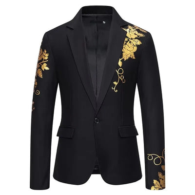 Gold Floral Print Blazer Suits Wedding One Button Men's Formal African Evening Jacket Coat Lapel Collar Notched Prom Bridegroom