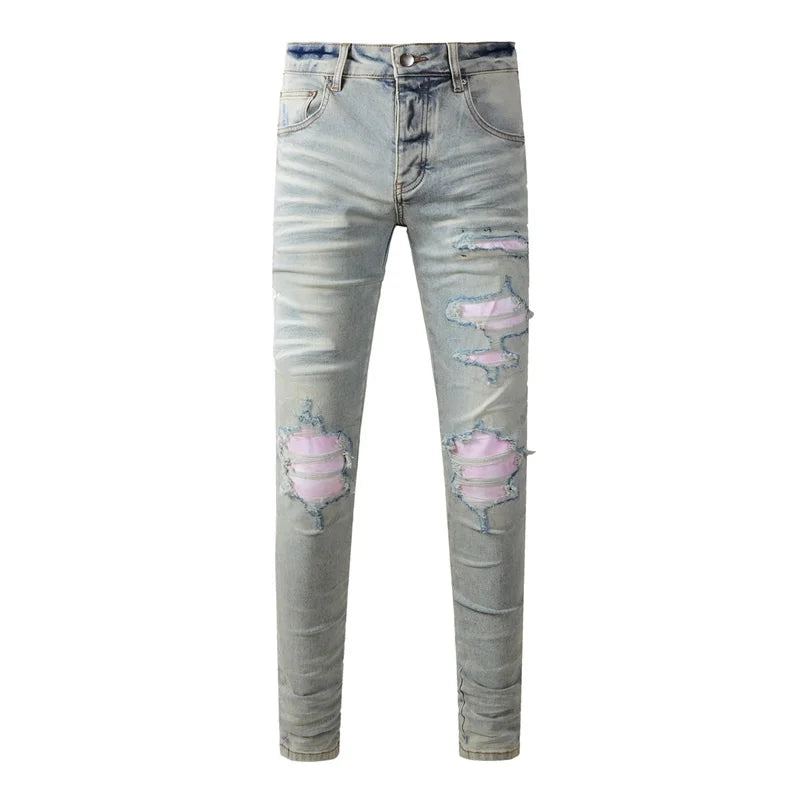 Fashion Top Quality Streetwear Distressed Men's Jeans  Vintage Low Rise Stretch Skinny Button Fly Ripped Hold Pants