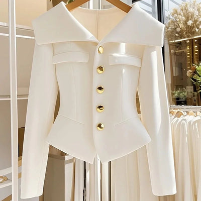 2025 New High Quality Autumn White Women's Coat Long Sleeve Slim Waist Chic Short Single-breasted Office Jackets Ladies Outwear