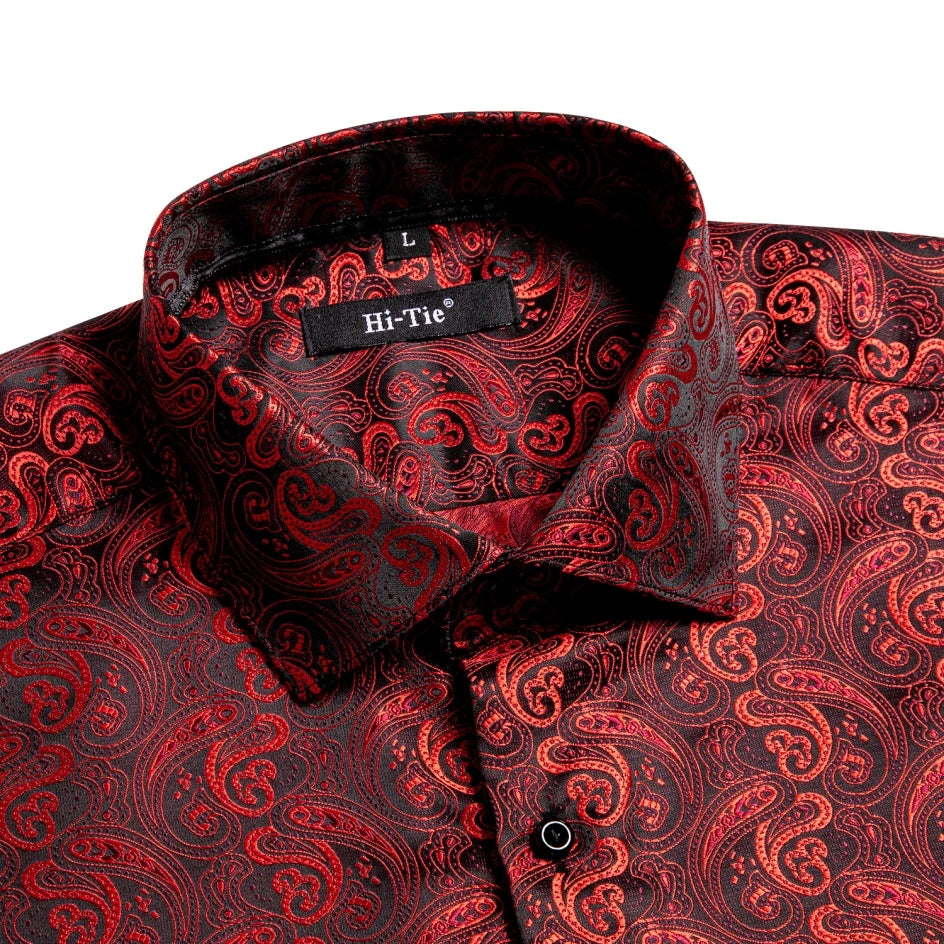 Jacquard Silk Mens Shirts Pink Blue Red Green Gold Long Sleeve Single Breasted Lapel Shirt Blouse Outerwear Wedding Business