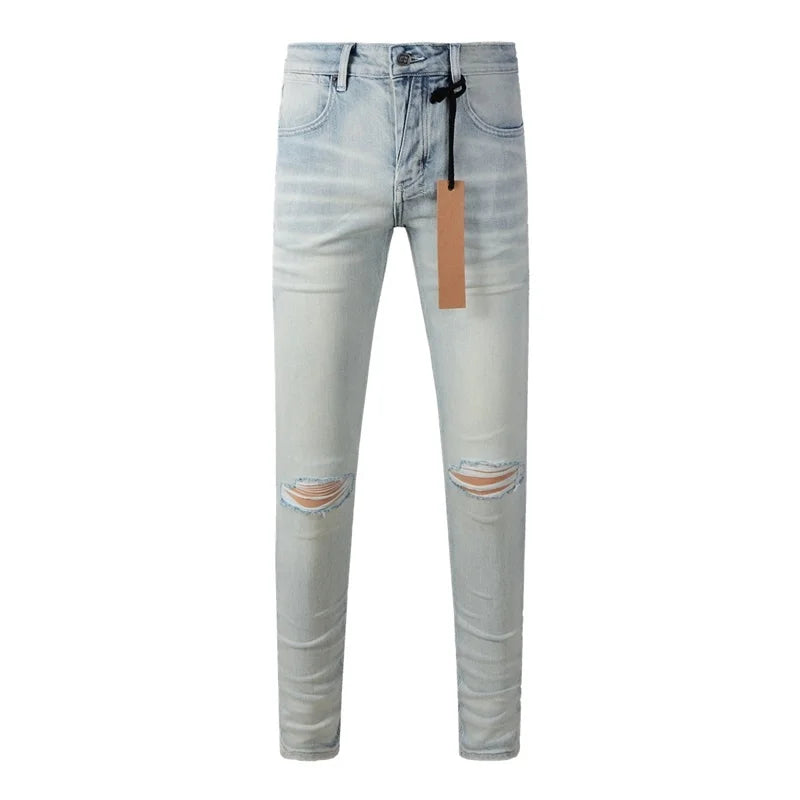 High Street Men's Jeans Low Rise Stretch Skinny Button Fly Ripped Hold Black Pants
