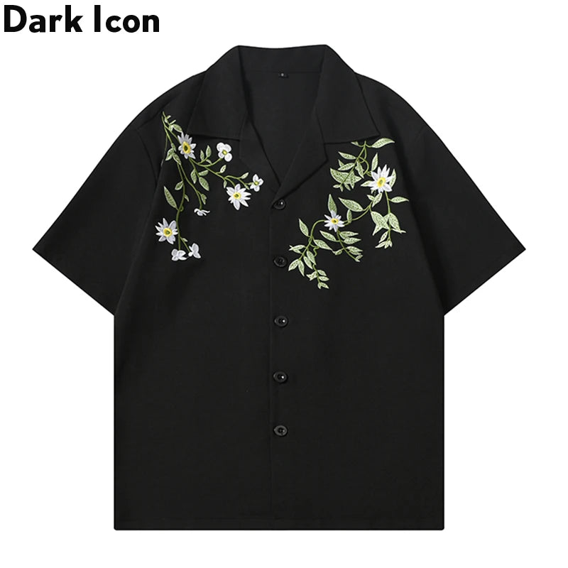 Dark Icon Embroidery Cool Material Men's Shirt Short Sleeve Hawaii Beach Shirts Black Beige