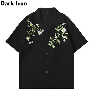 Dark Icon Embroidery Cool Material Men's Shirt Short Sleeve Hawaii Beach Shirts Black Beige