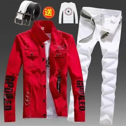 Men's Slim Fit Denim Jacket Pants 2pcs Set Long Sleeve Coats Letters Printed Casual Large Size Black White Red Boys Trousers