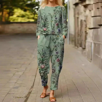 Spring Summer New Vintage Print Long Sleeve round Neck T-Shirt Set Wide Leg Pants Ethnic Style Fashionable Women's Outfit