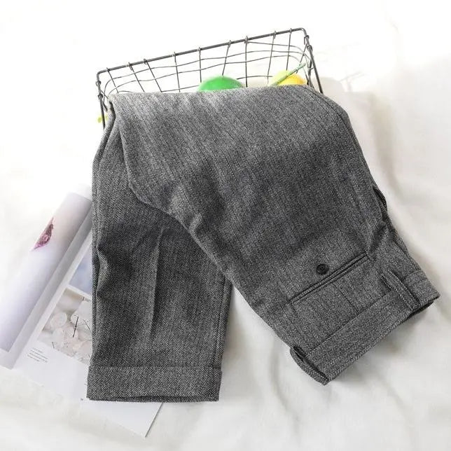 Slim Fit Men's Business Suit Pants Pleat-Front Herringbone Woolen Trousers For Men Dress Pants For Wedding Party Groomsman Suit