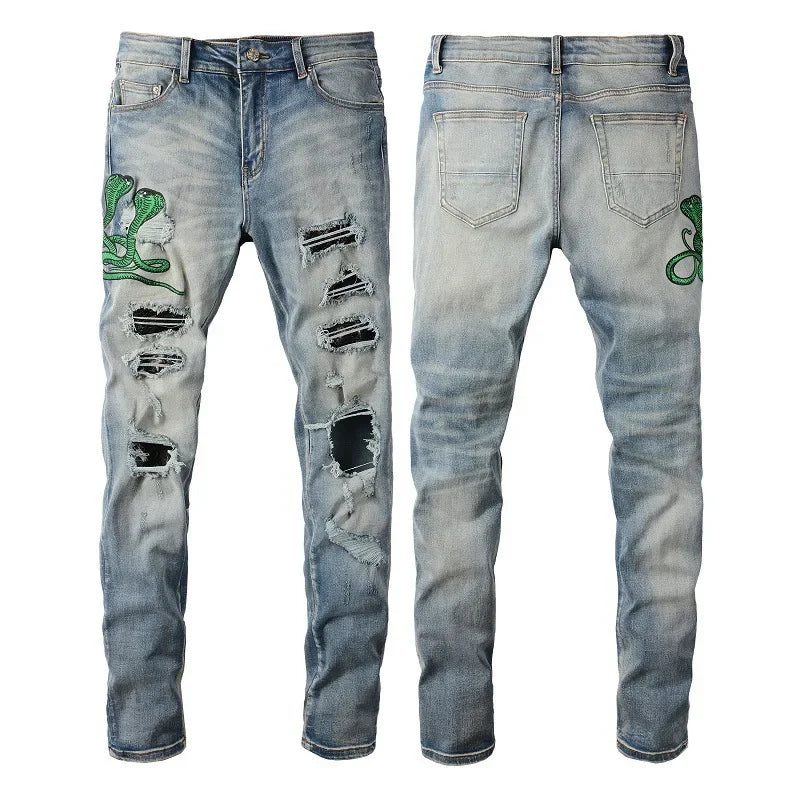 Trendy American Style Embroidered Streetwear Jeans High Elasticity Slim Fit Snake Eye Detailing Casual Scene Suitable