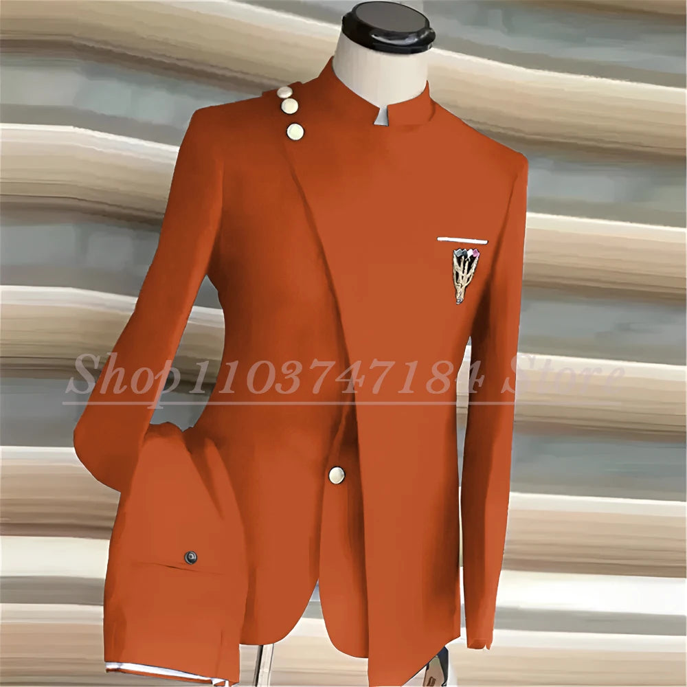 Navy Blue Men's Suits Single Breasted Stand Lapel Blazer African Style Formal Occasion Party 2 Piece Jacket Pants Costume Homme