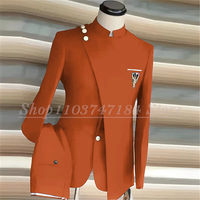Navy Blue Men's Suits Single Breasted Stand Lapel Blazer African Style Formal Occasion Party 2 Piece Jacket Pants Costume Homme