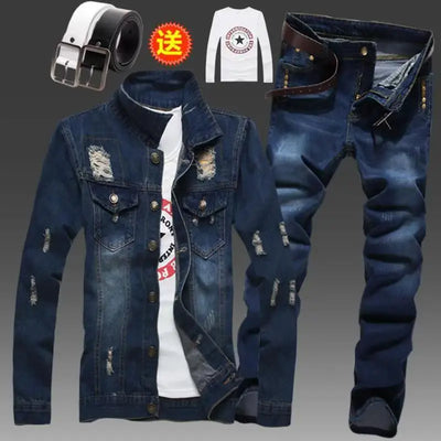 Men's Slim Fit Denim Jacket Pants 2pcs Set Long Sleeve Coats Letters Printed Casual Large Size Black White Red Boys Trousers