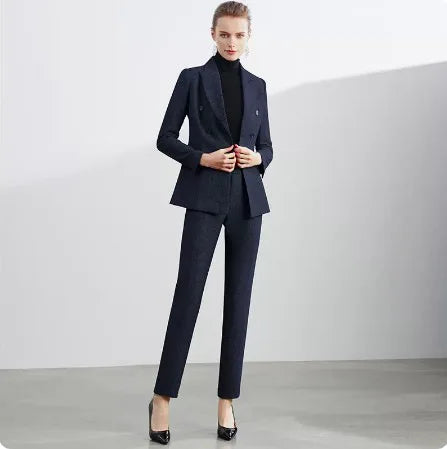 Retro Wool Suit Two Piece Sets Womens Outifits Double-Breasted Blazer Female President Manager Professional Suit Set Clothing