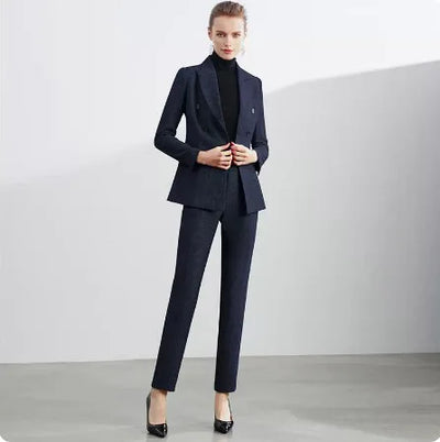Retro Wool Suit Two Piece Sets Womens Outifits Double-Breasted Blazer Female President Manager Professional Suit Set Clothing