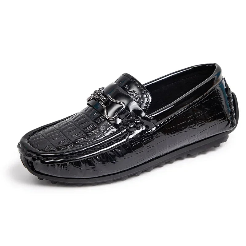 Boys Leather Shoes Round-toe Flat Soft Kids Fashion Casual Loafers Glossy Metal Buckle Children Moccasins Non-slip Britain Style