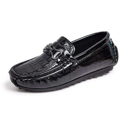 Boys Leather Shoes Round-toe Flat Soft Kids Fashion Casual Loafers Glossy Metal Buckle Children Moccasins Non-slip Britain Style