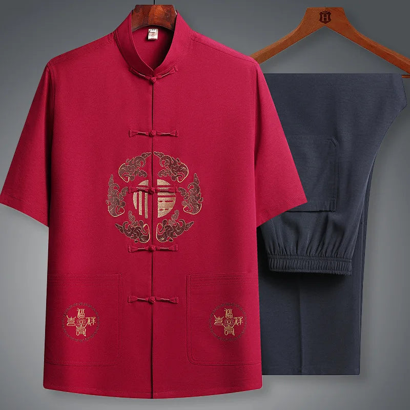 Chinese Traditional Tang Clothing Kung Fu Suit Fashion Casual Embroidery T-shirt Pants Wing Chun Tai Chi Comfortable Men's Set