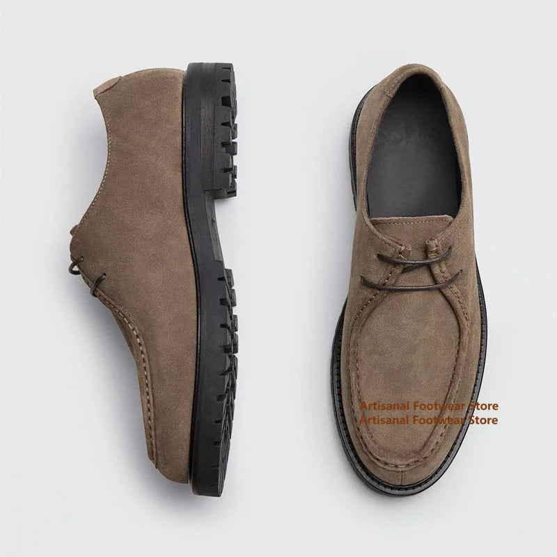 Brown Suede Derby Shoes Thick-Soled Lace-Up Casual Shoes Men's Leather Dress Shoes Office Formal Shoes Men's Leather Shoes