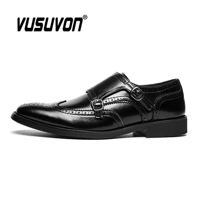 Men Fashion Formal Handmade Derby Dress Cow Genuine Leather Gentleman Double Buckles Monk Shoe Pointed Black Wedding Flats 38-48