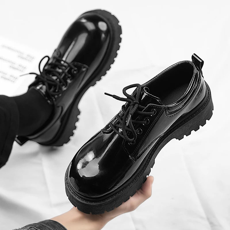 STRONGSHEN Men Patent  Leather Shoes Round Toe Casual Platform Business Shoes Fashion Wedding Banquet Party Formal Dress Shoes