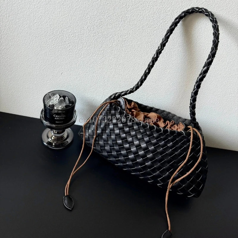 Women Handwoven Shoulder Bag Korean Casual Trendy Large Capacity Handbag Soft PU Leather Ladies Tote Bag Summer Underarm Bags