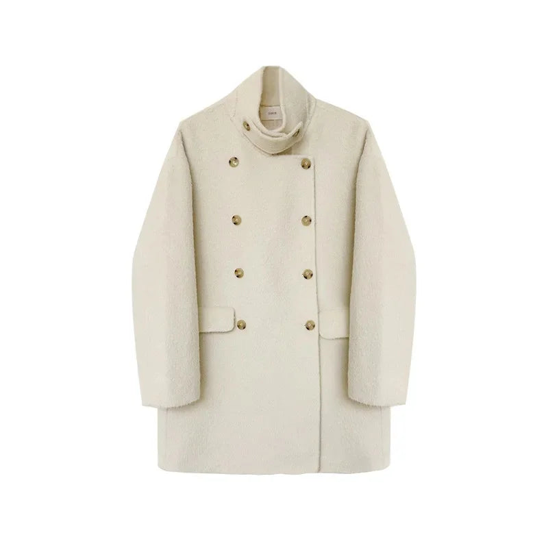 Korean Dongdaemun OUN*CE French Style Loose Gentle Collar Double Button Woolen Coat Medium Length Outerwear Women's Cardigan
