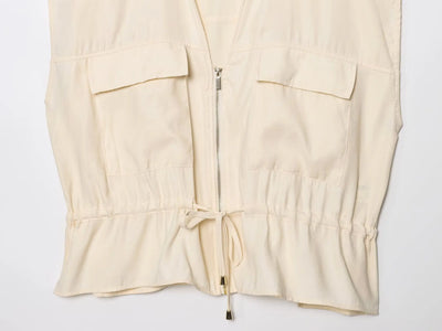 TRAFZA Women Casual Chic Blue Pant Set Zipper V-neck Beige Vest Elastic Waist Pant 2025 Spring Fall Fashion Elegant Vest Set