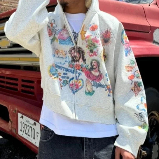 Fmxires2025 Street Casual Clothing Retro Pattern Printed Hoodie Loose Temperament Men's Hoodie Gothic Rock Fashion Sports Hoodie