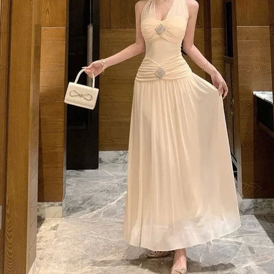 French Style Neck Hanging Waist Cinching Slimming Vacation Dress New Long Ankle-Length Princess Sleeve V-Neck Dress