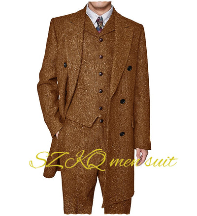 Men's Suit Retro 3 Piece Herringbone Long Jacket Double Breasted Blazer