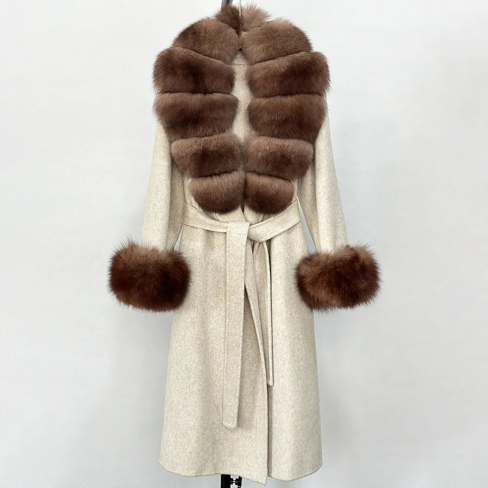 2025 New Autumn Wool Blend Coat Women Elegant Warm Real Fox Fur Collar Winter Wool Coat Female Double-sided Cashmere Jacket