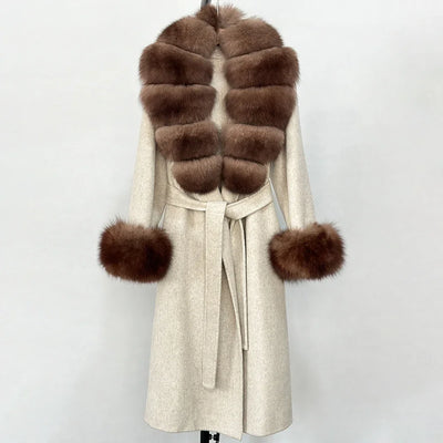 2025 New Autumn Wool Blend Coat Women Elegant Warm Real Fox Fur Collar Winter Wool Coat Female Double-sided Cashmere Jacket