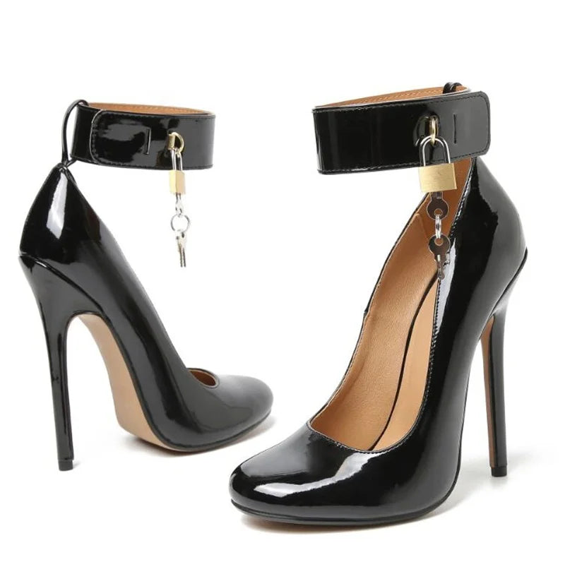 Modern Gold Lock Ankle Strap Women Pumps Red Black Patent Leather Round toe Thin Heels Evening Party Shoes Drop Shipping