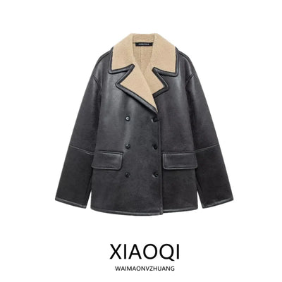 Double-Sided Leather And Fur Collar Jaet 2024 Autumn Winter New Women's Faion Versatile Flip Collar Jaet Outerwear