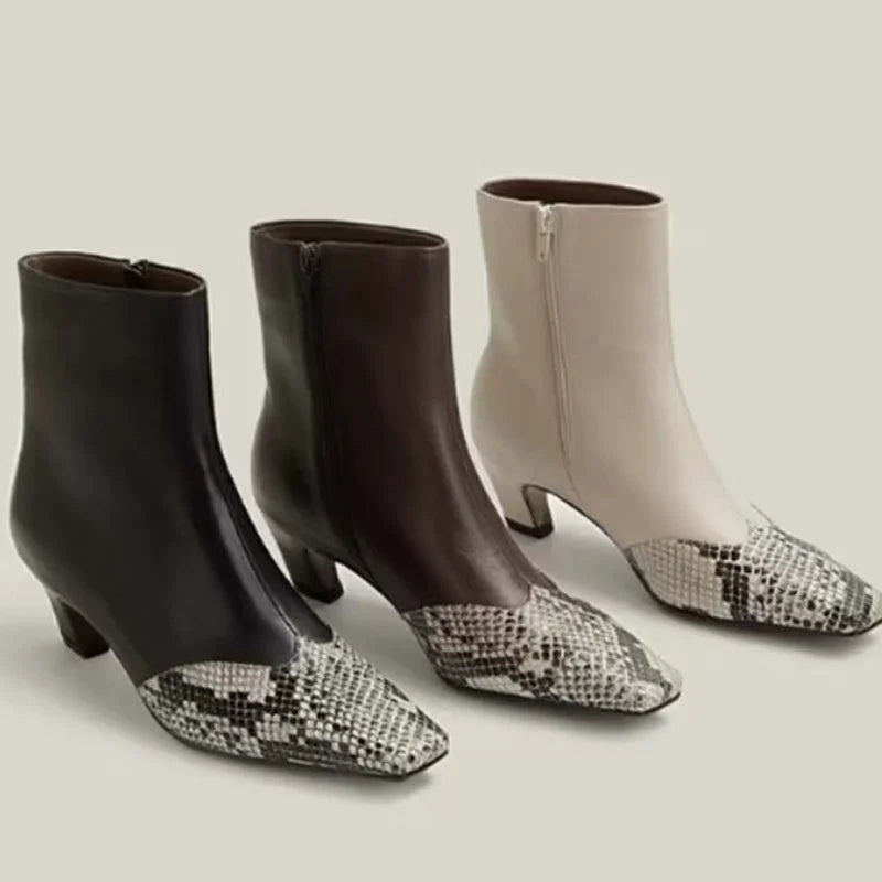 Matte Leather Sewing Snakeskin Ankle Boots Sexy Square Toe Sewing Mixed Colors New Arrivlas Fashion Women Modern Boots