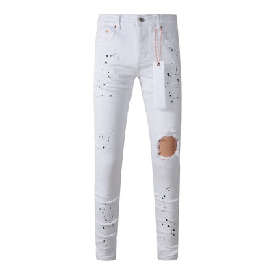 Americans High Street Trendy Men's Jeans Low Rise Stretch PantsSkinny Button Fly Ripped Retro Hold Trousers