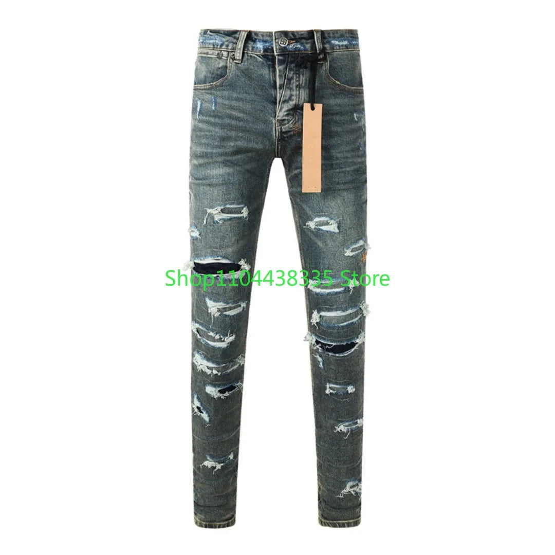 25fw High Street Men's Jeans Paint Hole Trend Low Rise Skinny Denim Pants Pleated Ripped Solid Trousers