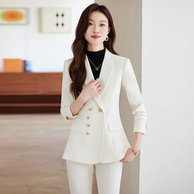 NAVIU New 2024 Women Pant Suits Pink Blazer And Jacket Set Office Ladies Work Business Uniform Female Pantsuit OL Style Beige