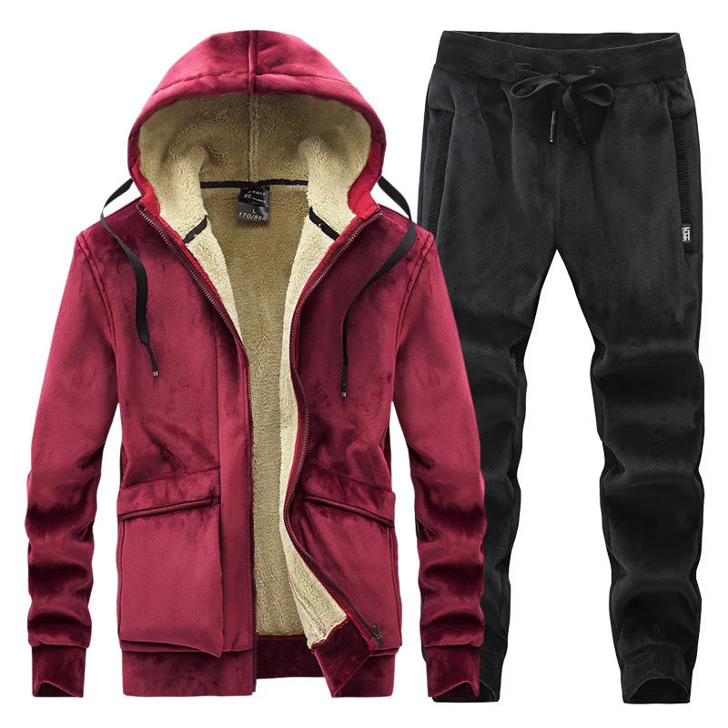 Cashmere Mens Fleece Warm Tracksuit Male Winter Warm Hooded Fashion Sets Mens Hoodies + Pants Sportswear Sets WinterThick Set