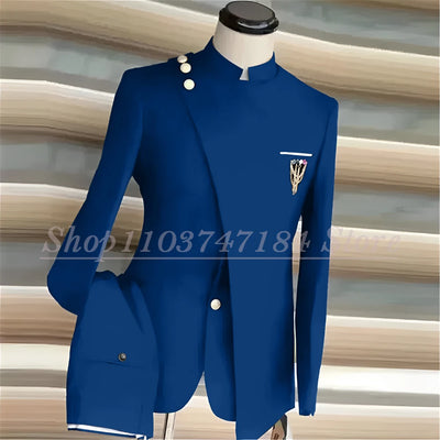 Navy Blue Men's Suits Single Breasted Stand Lapel Blazer African Style Formal Occasion Party 2 Piece Jacket Pants Costume Homme