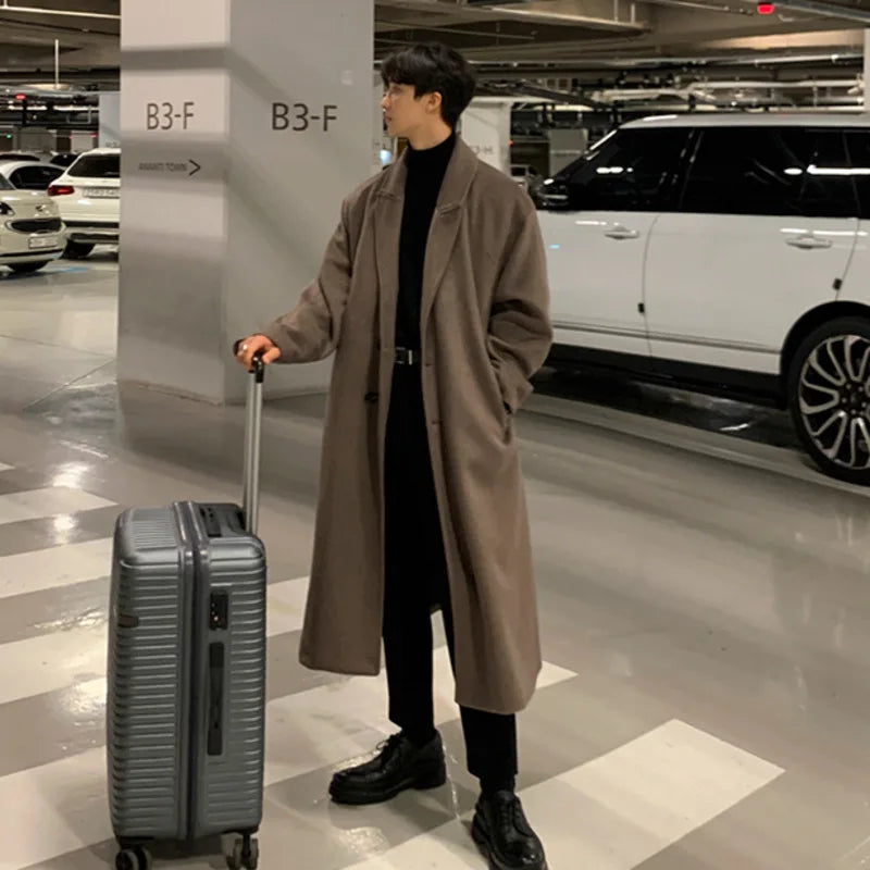 IEFB Thickened Male Woolen Coat Korean New Chic Men's Overcoat Turn-down Collar Single Breasted Solid Color Belt Outwear 9D1655