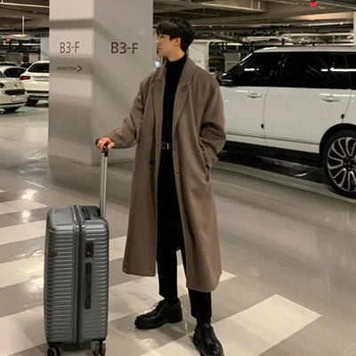 IEFB Thickened Male Woolen Coat Korean New Chic Men's Overcoat Turn-down Collar Single Breasted Solid Color Belt Outwear 9D1655