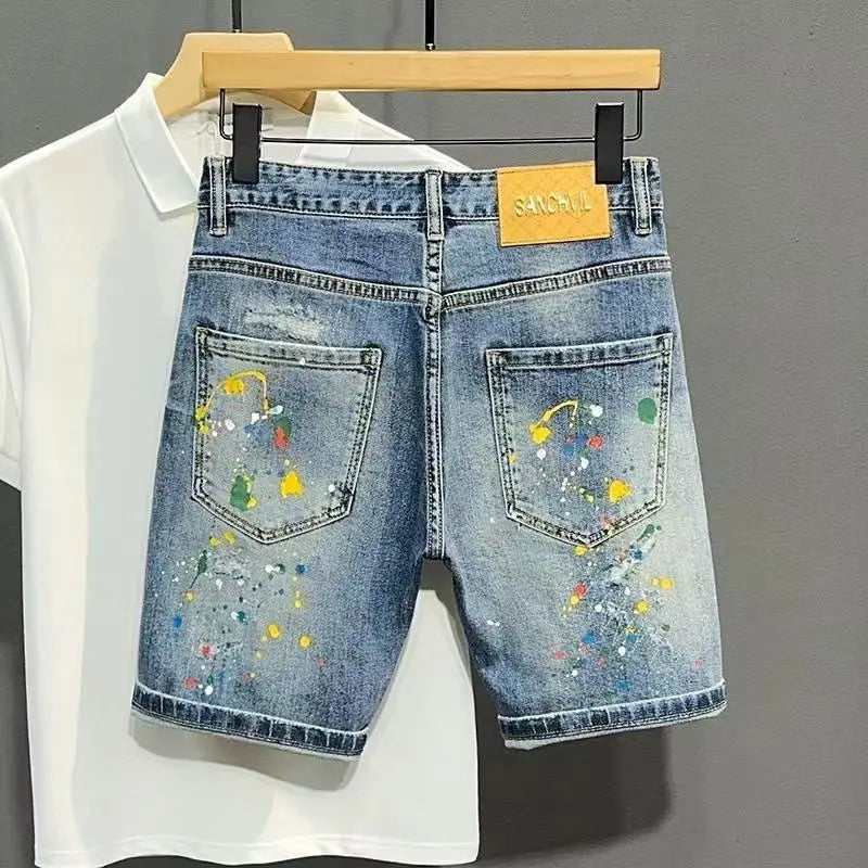 Men's Short Jeans Pants Graffiti Slim Blue Ripped Male Denim Shorts Rude Retro Summer Thin Stretch Korean Fashion Streetwear Xl