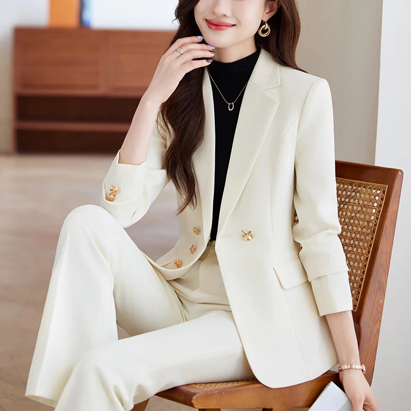 NAVIU New 2024 Women Pant Suits Pink Blazer And Jacket Set Office Ladies Work Business Uniform Female Pantsuit OL Style Beige