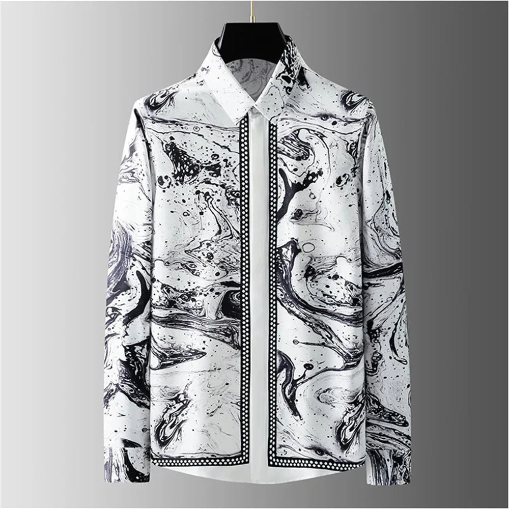 Luxury Letter Print Shirt Men's Long Sleeve Slim Fit Casual Shirt High Quality Fashion Korean Extra Large Size Men's Clothing