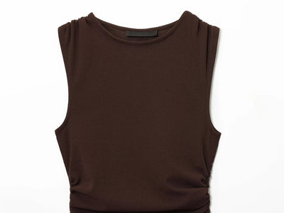 DEEABAE Autumn new women's fashion temperament pleated design with back slit round neck sleeveless MIDI dress